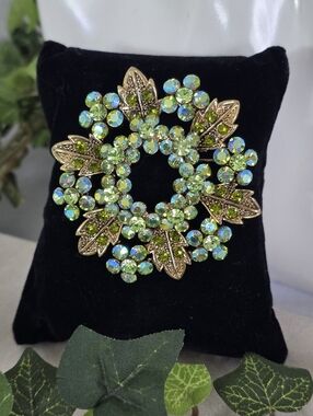 Vintage Gold Tone Lime Green AB Crystal Wreath Brooch Pin Floral Leaf Statement